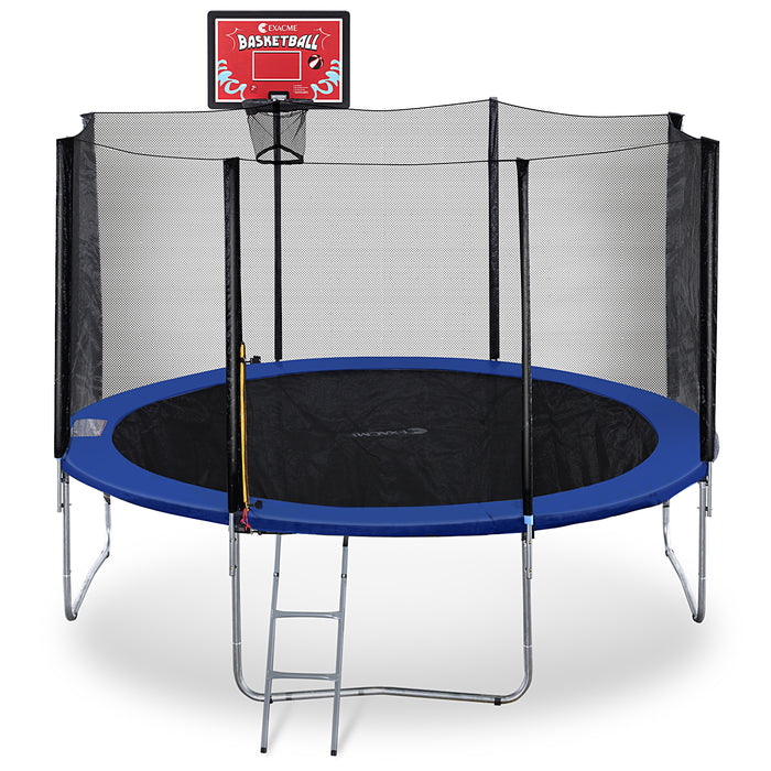 ExacMe Outdoor Trampoline 15 14 13 8 Foot with Rectangular Basketball Hoop Outer Enclosure and Ladder, T8-T16+BH07