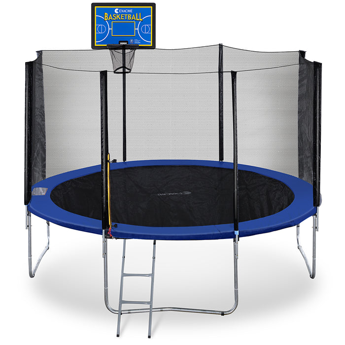 ExacMe Outdoor Trampoline 15 14 13 8 Foot with Rectangular Basketball Hoop Outer Enclosure and Ladder, T8-T16+BH07