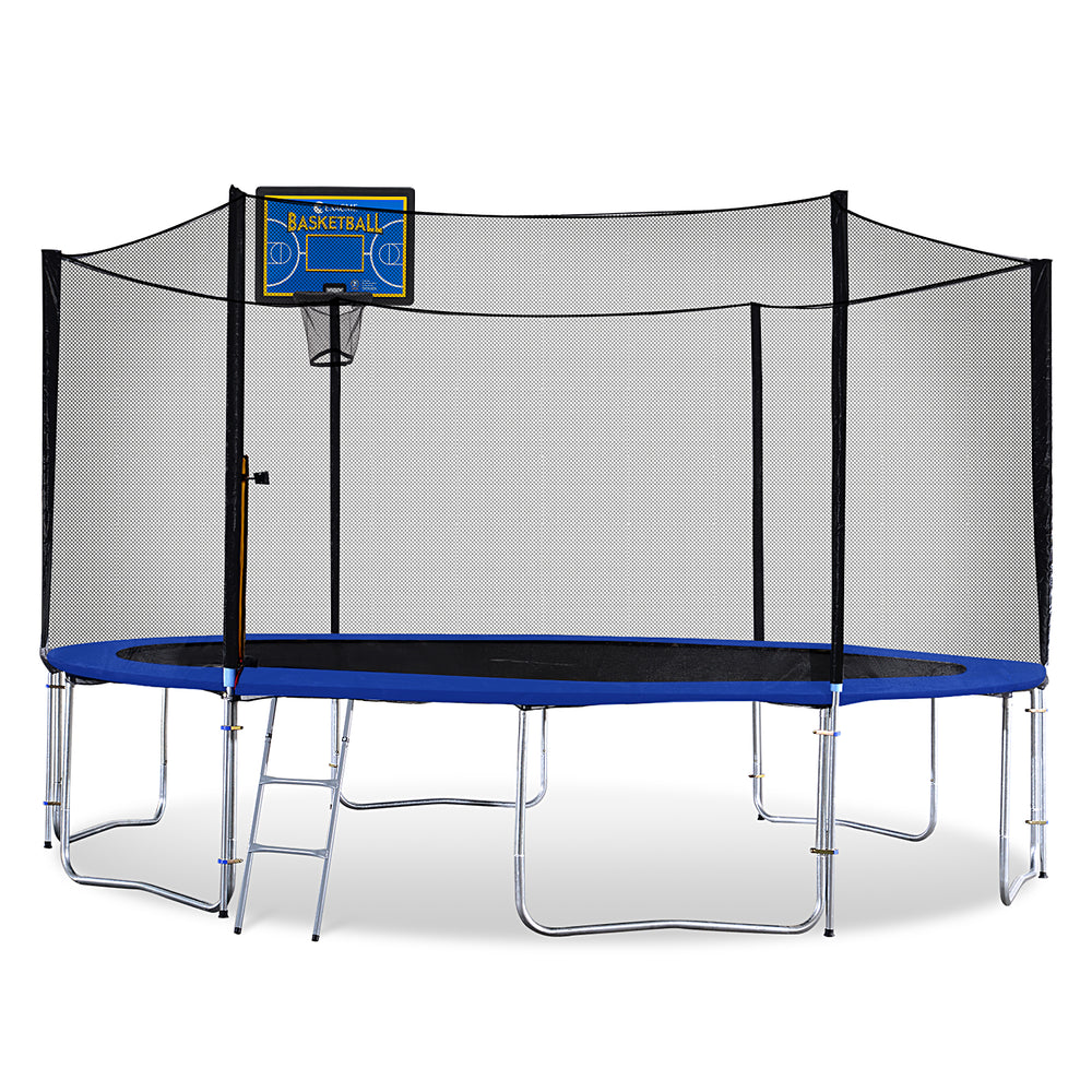 ExacMe Outdoor Trampoline 15 14 13 8 Foot with Rectangular Basketball Hoop Outer Enclosure and Ladder, T8-T16+BH07