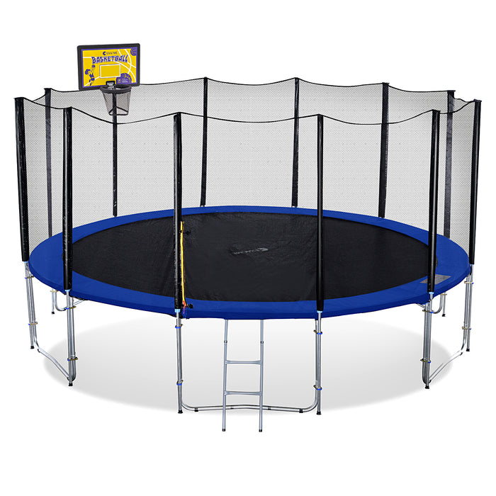 ExacMe Outdoor Trampoline 15 14 13 8 Foot with Rectangular Basketball Hoop Outer Enclosure and Ladder, T8-T16+BH07
