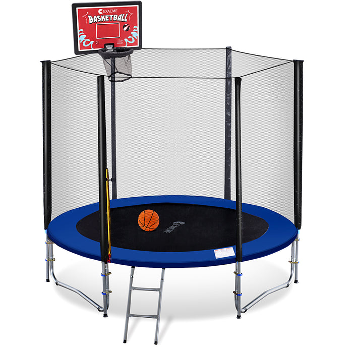 ExacMe Outdoor Trampoline 15 14 13 8 Foot with Rectangular Basketball Hoop Outer Enclosure and Ladder, T8-T16+BH07