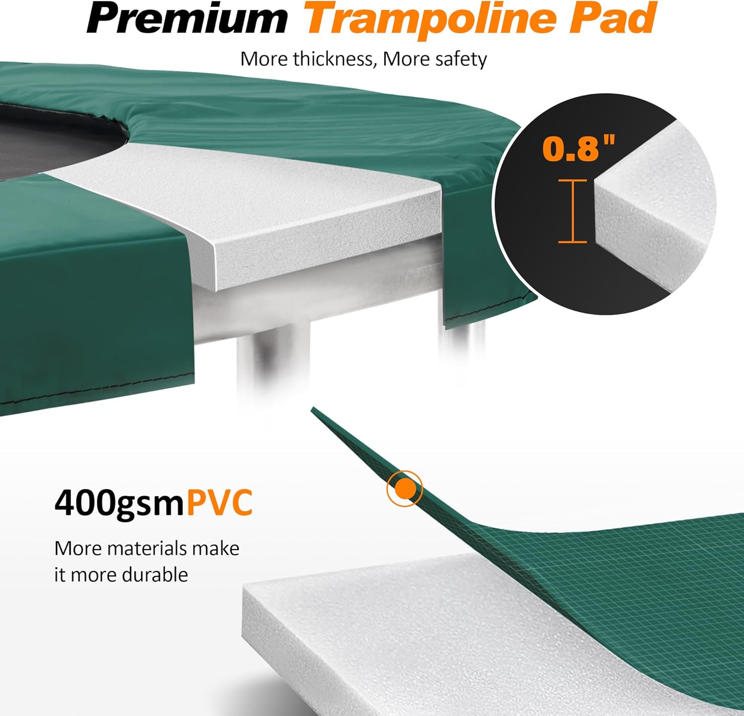 ExacMe Thicker Trampoline Pad with Opening, Replacement Spring Cover Safety Pads with Storage Bag, Dark Green 6181-P-DG