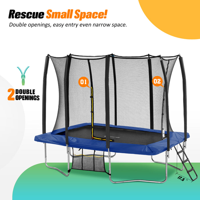 Exacme 7X10FT 8X12FT Double Enclosure Openings Rectangle Trampoline for Kids, Small Outdoor Rectangular Trampoline with Enclosure Net, Wide Ladder, 4 Wind Stakes, Shoe Storage Bag, 330LB Capacity