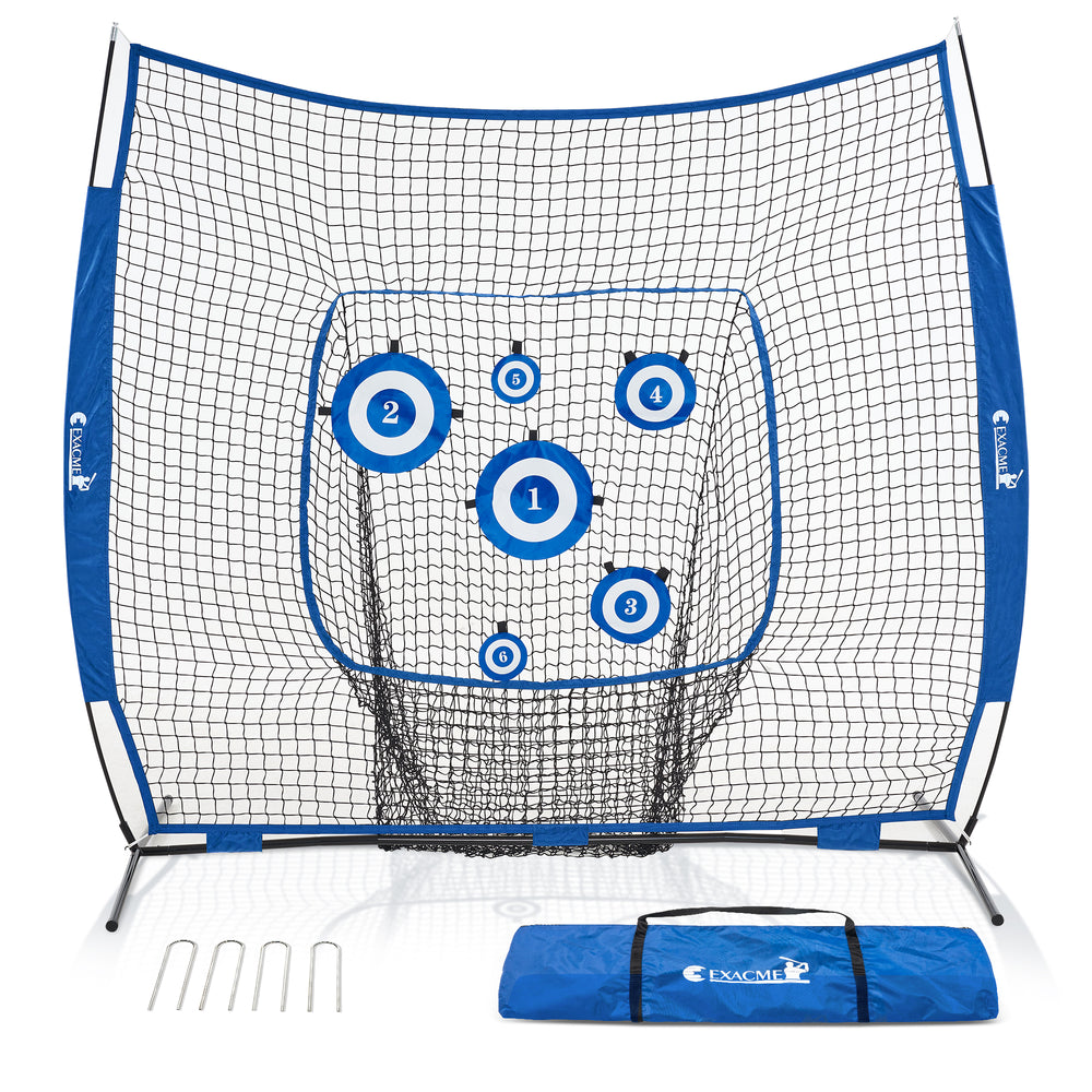 ExacMe 7'x7' 8'x8' Baseball Softball Practice Net with 6 Targets for Hitting Pitching, Anchor Kits, Carry Bag, Indoor Outdoor Use, BG17/BG28