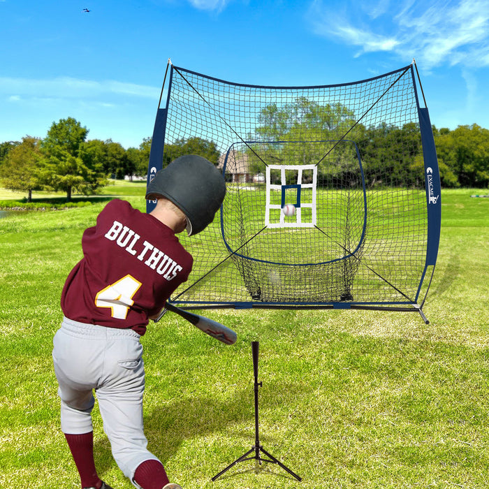 ExacMe 7'×7' 6pc Baseball Softball Hitting Pitching Net with Strike Zone, Tee, Caddy and Carry Bag, Baseball Batting Backstop Practice Net, BS084