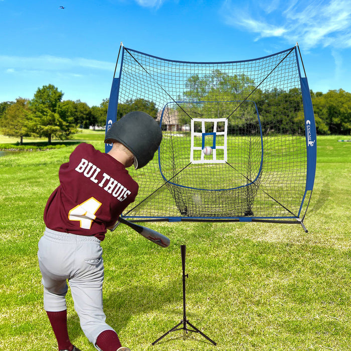 ExacMe 7'×7' 6pc Baseball Softball Hitting Pitching Net with Strike Zone, Tee, Caddy and Carry Bag, Baseball Batting Backstop Practice Net, BS084