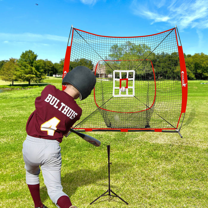ExacMe 7'×7' 6pc Baseball Softball Hitting Pitching Net with Strike Zone, Tee, Caddy and Carry Bag, Baseball Batting Backstop Practice Net, BS084