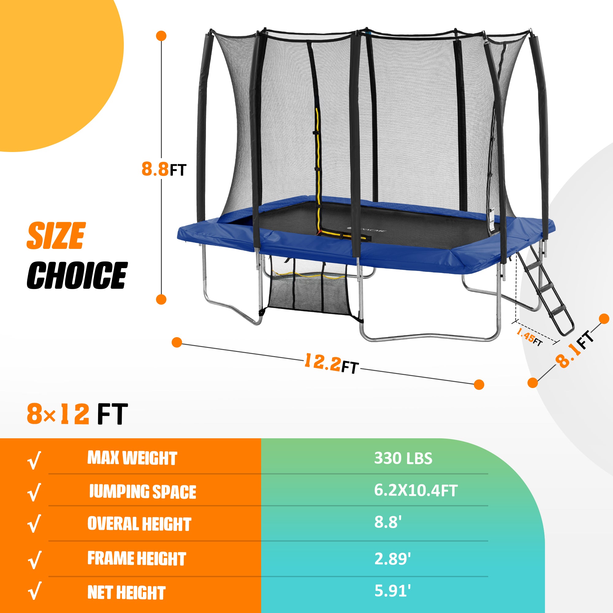 8 × 12FT Rectangle Trampoline – ExacMe