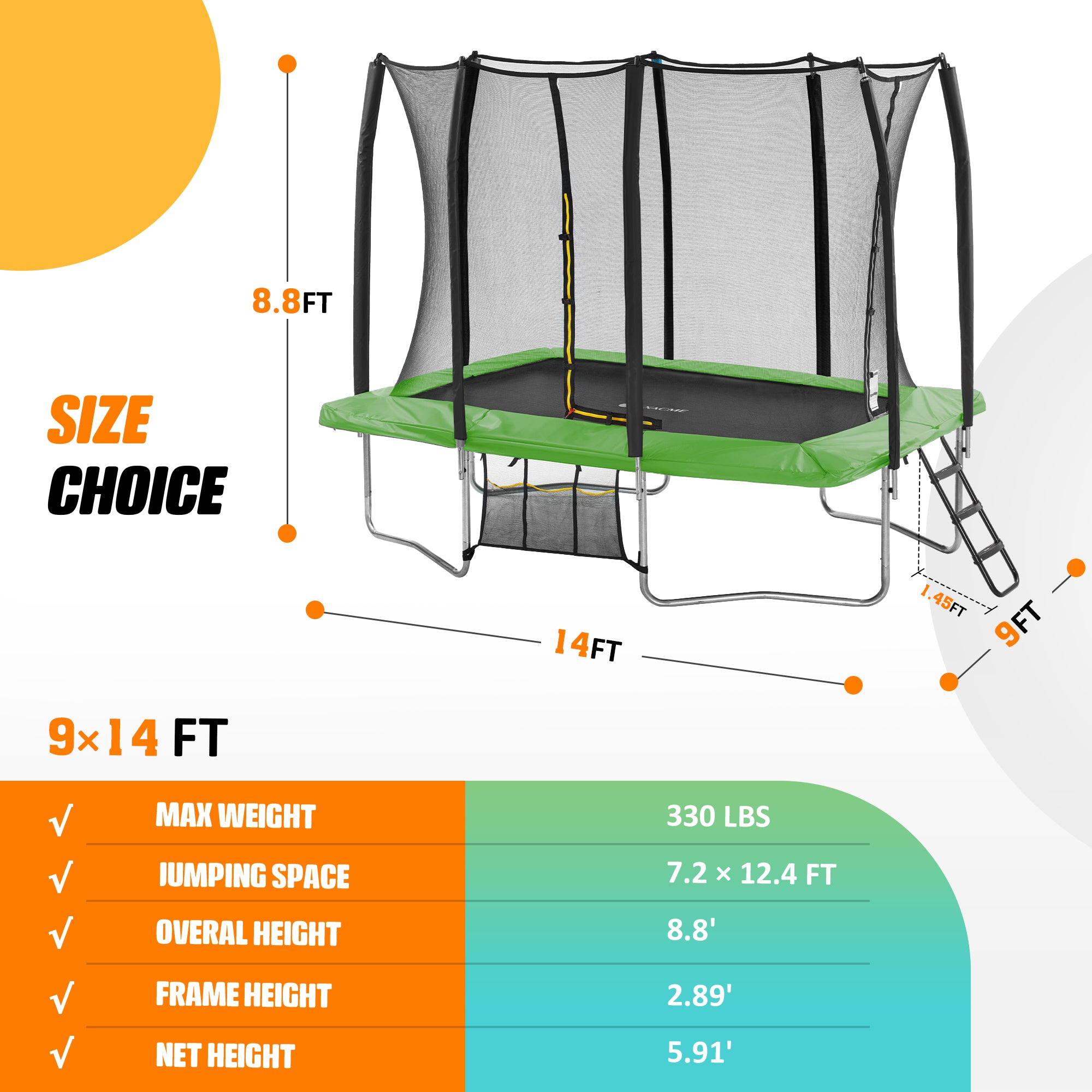Rectangular Trampoline with Net  7×10FT   8×12FT   9×14FT