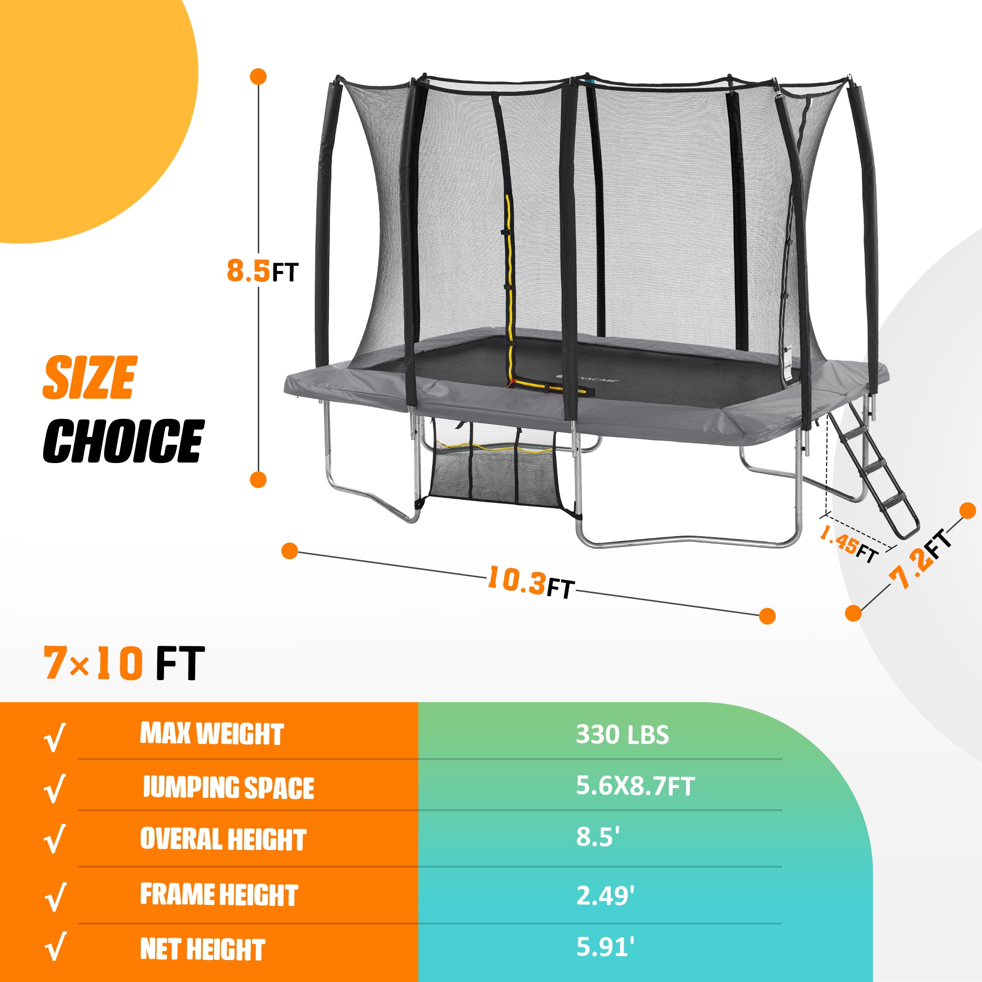 7 × 10FT Rectangle Trampoline for Small Space
