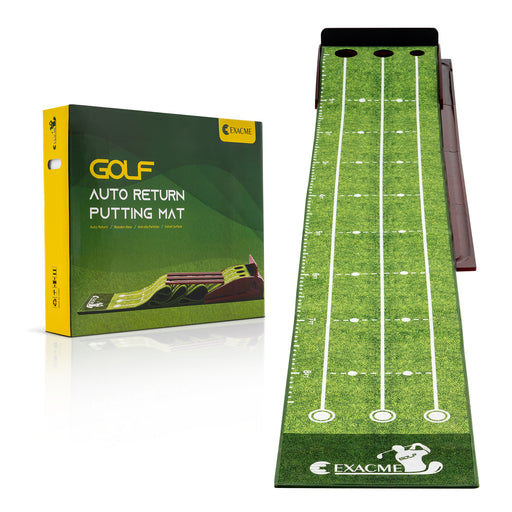 ExacMe Golf Putting Green with Ball Return, 3 Cups, Wood Golf Practice Mat Indoor Outdoor Use, Crystal Velvet Mat, 9.8 Foot, GF345