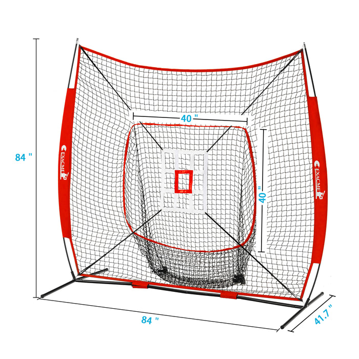 ExacMe 7'×7' 6pc Baseball Softball Hitting Pitching Net with Strike Zone, Tee, Caddy and Carry Bag, Baseball Batting Backstop Practice Net, BS084