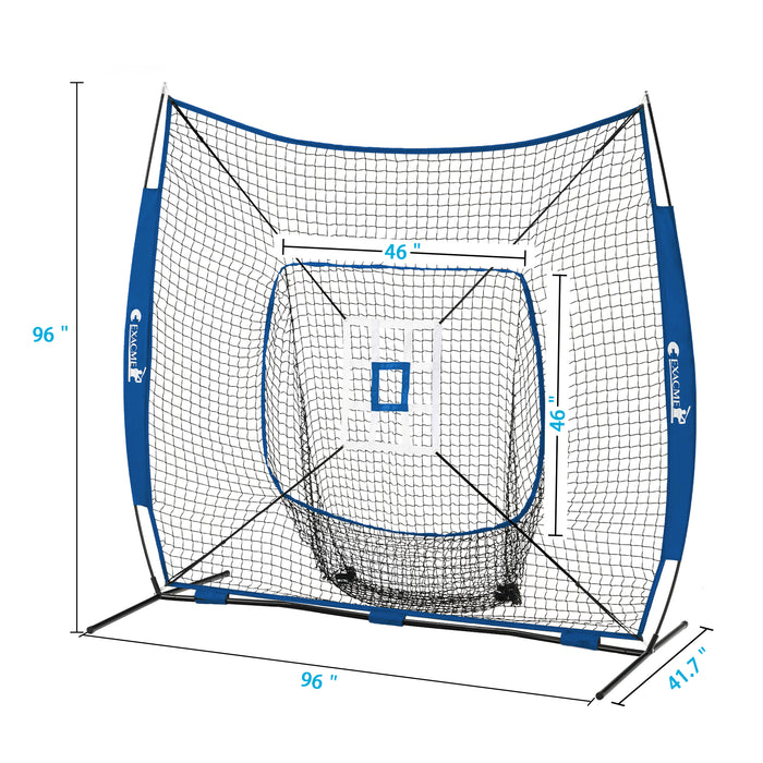 ExacMe 8'×8' 6pc Baseball & Softball Practice Net, Hitting Pitching Net with Strike Zone, Tee, Caddy and Carry Bag, BS096