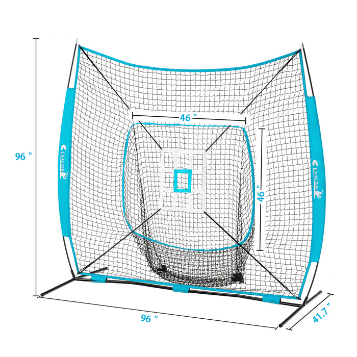 ExacMe 8'×8' 6pc Baseball & Softball Practice Net, Hitting Pitching Net with Strike Zone, Tee, Caddy and Carry Bag, BS096
