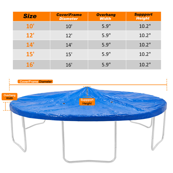 ExacMe Premium Trampoline Weather Cover with Center Support, Rain Cover with Drain Holes, Waterproof Winter Snow Protection Covers, 10 12 14 15 16 Foot