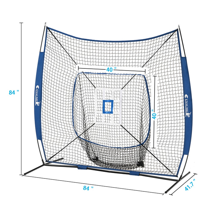 ExacMe 7'×7' 6pc Baseball Softball Hitting Pitching Net with Strike Zone, Tee, Caddy and Carry Bag, Baseball Batting Backstop Practice Net, BS084