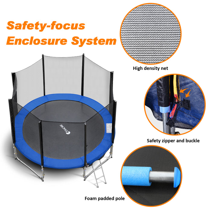 ExacMe Outdoor Trampoline 16 15 14 13 12 10 8 Foot with Rectangular Basketball Hoop Outer Enclosure and Ladder, T8-T16+BH07