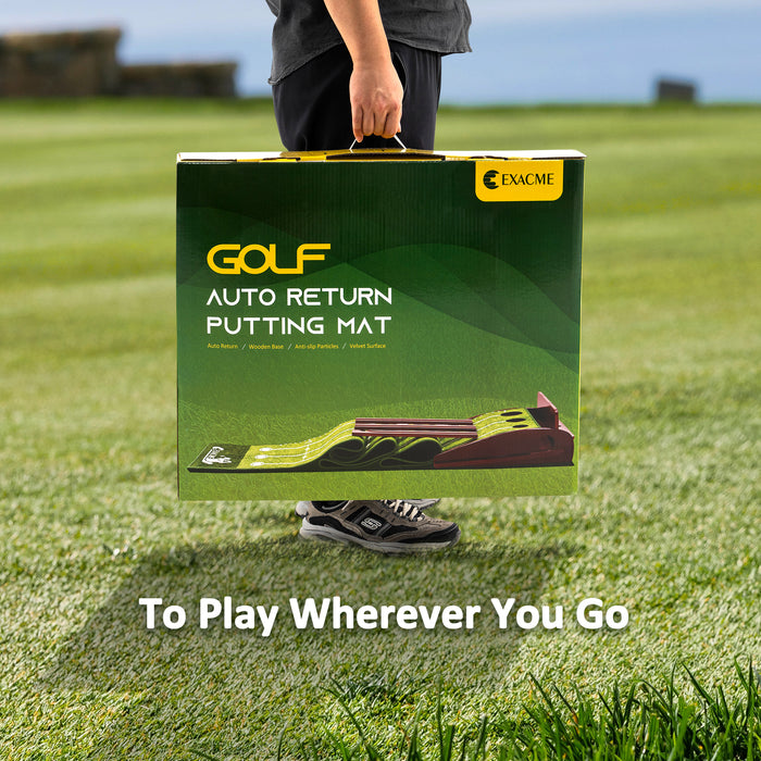 ExacMe Golf Putting Green with Ball Return, 3 Cups, Wood Golf Practice Mat Indoor Outdoor Use, Crystal Velvet Mat, 9.8 Foot, GF345