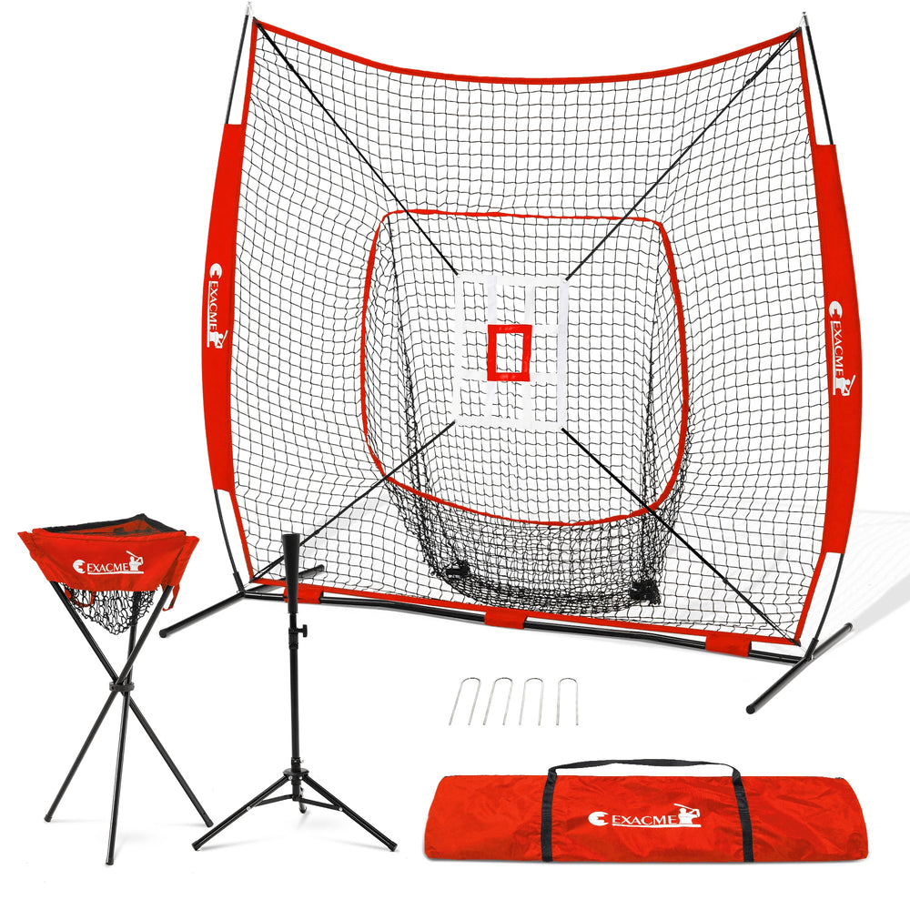 ExacMe 9'×9' 6pc Baseball & Softball Practice Net, Hitting Pitching Net with Strike Zone, Tee, Caddy and Carry Bag, BS108