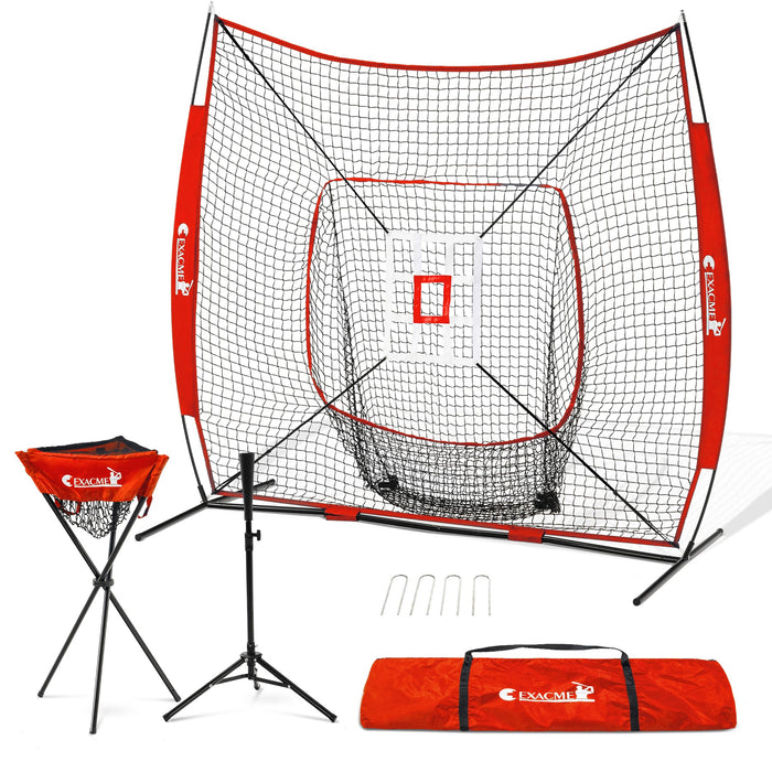 ExacMe 7'×7' 6pc Baseball Softball Hitting Pitching Net with Strike Zone, Tee, Caddy and Carry Bag, Baseball Batting Backstop Practice Net, BS084