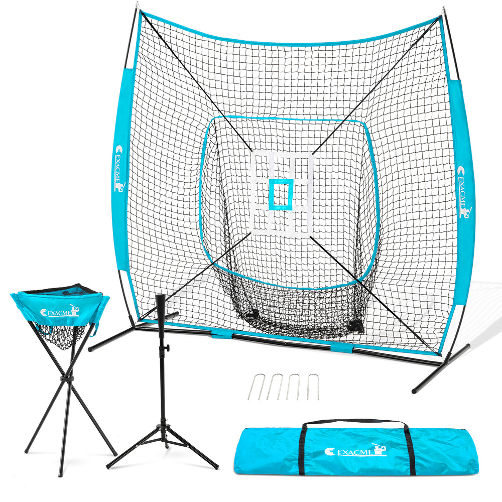 ExacMe 7'×7' 6pc Baseball Softball Hitting Pitching Net with Strike Zone, Tee, Caddy and Carry Bag, Baseball Batting Backstop Practice Net, BS084
