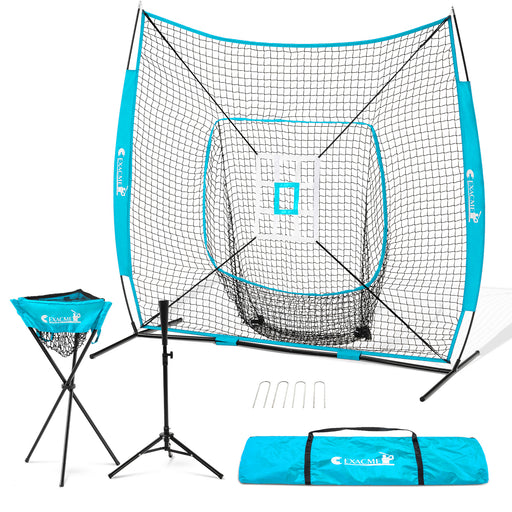 ExacMe 7'×7' 6pc Baseball Softball Hitting Pitching Net with Strike Zone, Tee, Caddy and Carry Bag, Baseball Batting Backstop Practice Net, BS084