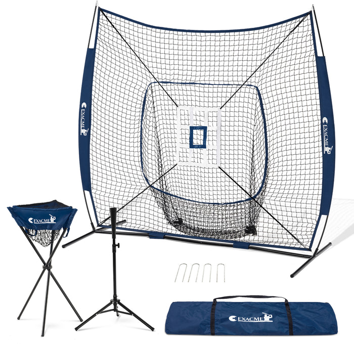 ExacMe 7'×7' 6pc Baseball Softball Hitting Pitching Net with Strike Zone, Tee, Caddy and Carry Bag, Baseball Batting Backstop Practice Net, BS084