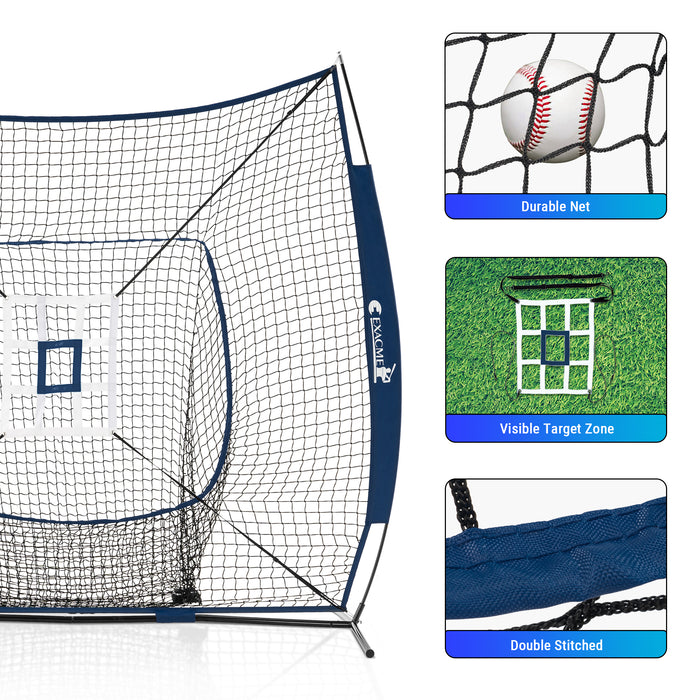 ExacMe 7'×7' 6pc Baseball Softball Hitting Pitching Net with Strike Zone, Tee, Caddy and Carry Bag, Baseball Batting Backstop Practice Net, BS084
