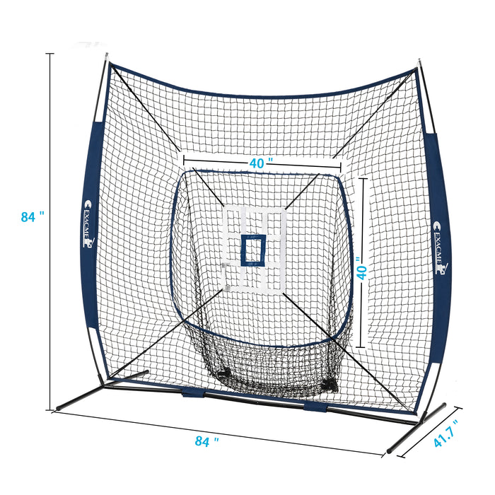 ExacMe 7'×7' 6pc Baseball Softball Hitting Pitching Net with Strike Zone, Tee, Caddy and Carry Bag, Baseball Batting Backstop Practice Net, BS084