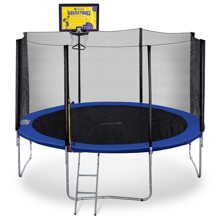 ExacMe Outdoor Trampoline 14 Foot with Rectangular Basketball Hoop Outer Enclosure and Ladder, T14+BH07