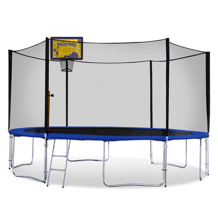 ExacMe Outdoor Trampoline 14 Foot with Rectangular Basketball Hoop Outer Enclosure and Ladder, T14+BH07