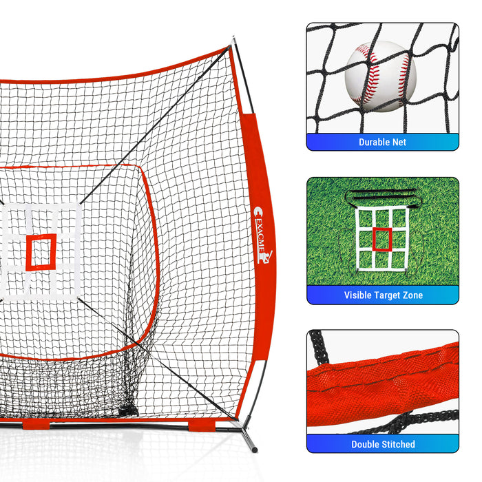 ExacMe 8'×8' 6pc Baseball & Softball Practice Net, Hitting Pitching Net with Strike Zone, Tee, Caddy and Carry Bag, BS096