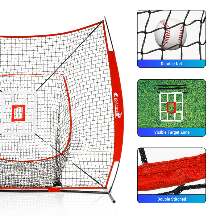 ExacMe 7'×7' 6pc Baseball Softball Hitting Pitching Net with Strike Zone, Tee, Caddy and Carry Bag, Baseball Batting Backstop Practice Net, BS084