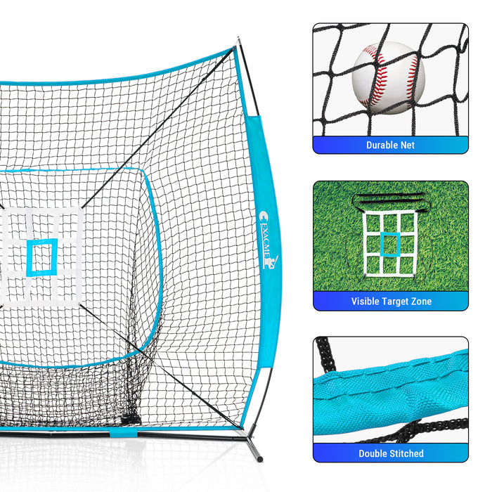 ExacMe 7'×7' 6pc Baseball Softball Hitting Pitching Net with Strike Zone, Tee, Caddy and Carry Bag, Baseball Batting Backstop Practice Net, BS084